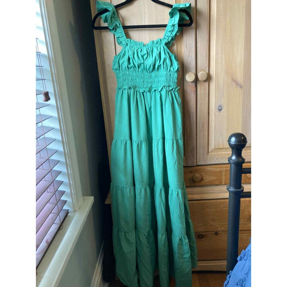 Dance & Marvel Green Maxi Dress with Ruffle Straps and Pockets